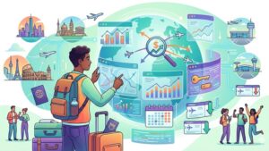 Современная иллюстрация с авиабилетами и инструментами поиска дешевых перелетов для студентов на 2026 год