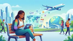 Современная иллюстрация студента с рюкзаком и смартфоном, планирующего бюджетный перелет в 2026 году